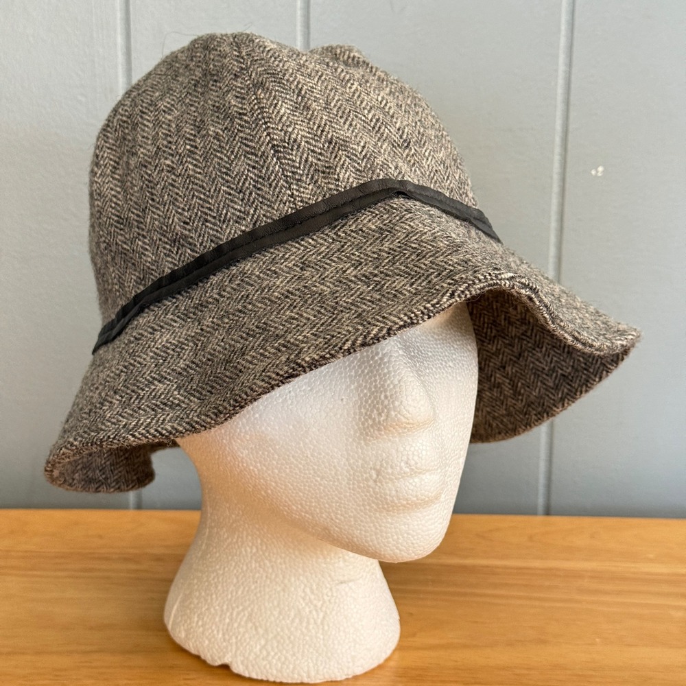Vtg Coach Wool Herringbone Bucket Hat Leather Trim Gray British Heritage Twee‎